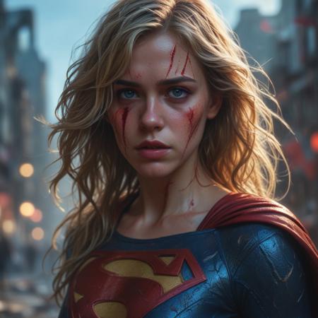 High resolution ultra-realistic of Beautiful bloody Supergirl fighting against alien invasion, cinematic style, standing on a bloody and stormy battle in a destroyed city in a fighting pose, bloody and dirty, realistic blue combat costume, red mini skirt, red cape, perfect athletic figure, wavy blonde hair, handsome bloody face, beautiful perfect detailed pupils, wet oily shiny skin, covered in dirty and blood, beautiful firm Breasts, defiant and seductive, attractive 21 year old Supergirl, 8k resolution concept art portrait by Greg Rutkowski, Kiernan Shipka, Dark Gotham City, Artgerm, WLOP, Alphonse Mucha, dynamic lighting, hyperdetailed, intricately detailed, Splash art trending on Artstation triadic colors, Unreal Engine, 5 volumetric lighting, Cinematic Lighting, intricate, smooth, sharp focus digital painting, Asymmetrical Balance, realistic eyes, ultra detailed atmospheric details, sparkle effects, realistic body proportions, beautiful body Supergirl proportions, complex masterpiece, dramatic atmosphere