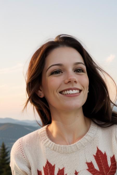 JamieSale, (shoulder-length hair, triangular hairdo, straight hair:1.2), ponytail, (20 years old), smile:2, laughing:1.3, (red Canada maple-leaf sweater:1.3), sunset, dusk, hills above Vancouver, pastel sky, looking at sky, head tilt, pose, floral sundress, in love, loose wavy hair, ((masterpiece, best quality, extremely detailed, perfect face, perfect body:1.2)), smile:1.2, closeup on upper body