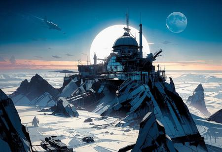 Seen from the sky, a futuristic city rises in the middle of an icy expanse. The scene takes place on another planet, as two moons are visible in the sky. The city is perched on a massive rocky spur, its architecture sleek and harmonious, made of glass and steel. A large building with a grand dome overlooks the city, and communication antennas are scattered throughout.
Space traffic is visible, with several spacecraft above and below, some docking at the city's elevated astroport. On the ground, a few mining vehicles operate. The city is surrounded by a vast frozen desert, with occasional jagged rocks protruding from the ice.
The sky remains bright as the sun sets behind us, casting a cold glow over the scene. The atmosphere is nocturnal, dominated by deep bluish tones.