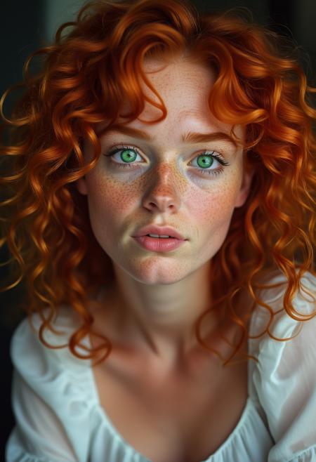 2d, A close-up portrait of a young, freckled Irish woman with fiery red hair, styled in loose curls that frame her face. Her green eyes sparkle with mischief, and her lips are painted a soft, natural pink. She wears a simple, white blouse that contrasts beautifully with her vibrant hair., highly detailed, Neat, Starlight, Bronze, sad atmosphere <lora:usual-portrait-v2:1>