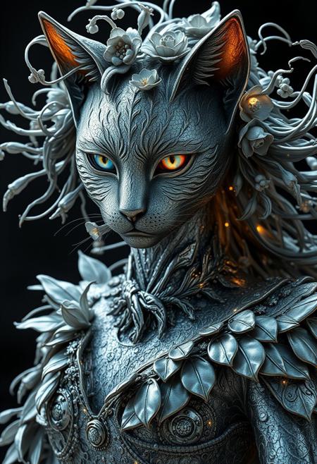 Silver statue of a cat woman, her skin composed of delicate, textured silver flakes, with chrome and glass flowers intricately woven into her hair, her eyes gleaming with a warm, bluish light, wearing a majestic, windy-blown ornate gown with tattered, silver petals, reminiscent of a dark, dystopian world, her face and shoulders illuminated by a soft, ambient glow, as if radiating an otherworldly energy, in the styles of Royo's dark, mystical realism, Artgerm's hyper-detailed, metallic sheen, and Lovecraft's eerie, atmospheric tension, with meticulous attention to intricate textures, dramatic shading, and a sense of haunting, ethereal beauty.