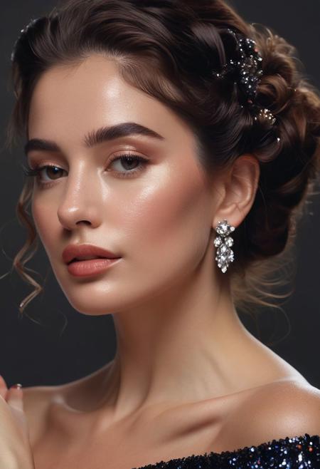 An image of a woman offering a sophisticated over-the-shoulder look towards the viewer. Her body is turned to the side, and she turns her head to make eye contact with the camera. Her left hand touches her cheek, with her thumb resting on her chin. Her hair is styled in an updo with soft tendrils by her face