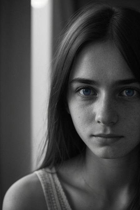 The most beautiful french girl in the World, color eyes, blue eyes, 24 years old, closeup, a cute shy smile, worried expression, bnw photo in the style of Alessio Albi, cinematic composition, cinematic lighting,