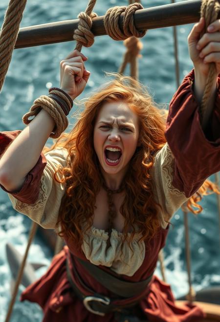 realistic photo, a pale irish pirate queen captain, with long ginger curly hair, in torn Pirates of the Caribbean clothes, during a mutiny on 16th century pirate ship. Her wrists are tightly tied together with rope. She is hanging from her tied wrists by the mast, high above the sea. Kicking the air, crying for help. Her face is in agony and desperate. Sharks are under her. perky breasts, bsolutely gorgeous face