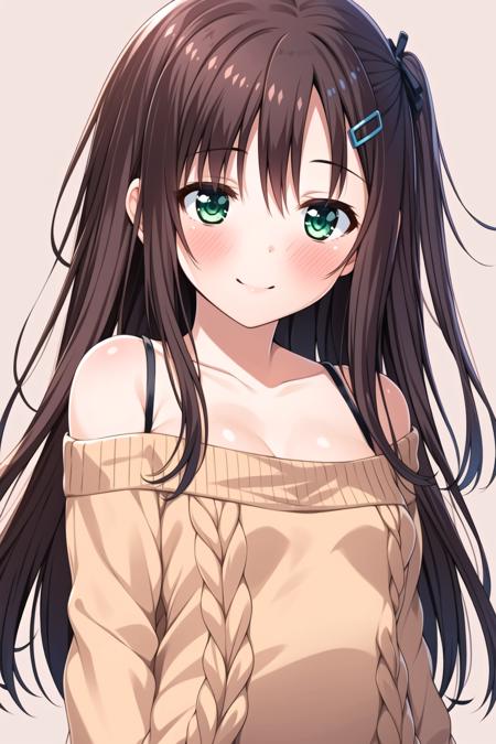  green eyes,long hair, brown hair, hair ornament, hairclip,