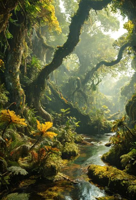 a realistic dense, prehistoric jungle teeming with life, where towering trees with gnarled trunks and oversized leaves create a lush canopy overhead. Shafts of sunlight illuminate patches of colourful plants and lichen. Strange creatures can be seen flitting between the branches. A winding river snakes through the jungle, its waters reflecting the rich greens and yellows of this amazing jungle