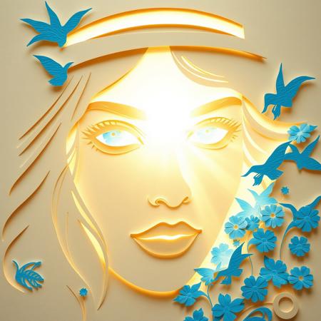 higly detailed woman face made of paper cut art, with blue sirens in background and amazing sunlight, she has a hat and she is looking at viewer, paper-cut art, extremely detailed