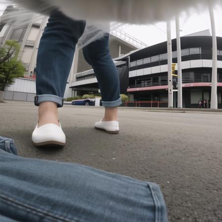 <lora:catpov:1>, catpov, background, foreground, from below, 
 depth of field, jeans, denim, city, building, 1girl, motion blur, street, skyscraper, outdoors, photo inset, pants, town, road, watch, stadium, necklace, hands on hips, hand on hip, bracelet, day, wristwatch, people, reference inset, jewelry, solo, choker, blonde hair, wristband, , tokyo \(city\), short hair, casual, bokeh, lips, shirt, looking at viewer, t-shirt, blue pants