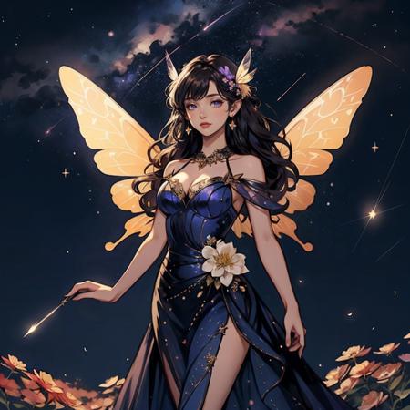 masterpiece,best quality,Butterfly-elves,1girl,<lora:Butterfly-elves:0.8>,galactic system background,angel,angel wings,transparent wings,bare shoulders,breasts,bug,butterfly wings,cleavage,dress,fairy wings,feathered wings,flower,hair flower,hair ornament,long hair,medium breasts,night,night sky,shooting star,sky,solo,standing,star \(sky\),starry sky,white wings,wings,night,flower,