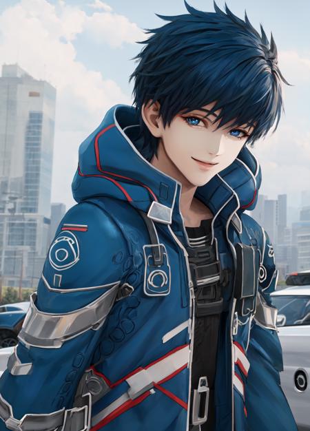 masterpiece, best quality, extremely delicate and beautiful, highres, original, <lora:FidelCamuzeV1:0.8>, FidelCamuze, 1boy, boy, male, short hair, blue hair, blue eyes, blue coat, hood, unhooded, upper body, city, looking at viewer, smile, futuristic, cars