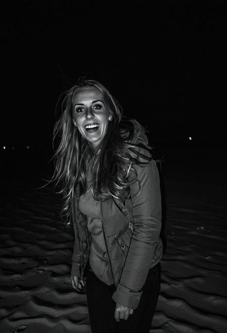 girl at night on the beach, selfie, winter, laughing,scared, at night, very dark, infrared photography, without flash, grainy, ((motion blur)), blurry,  walking
