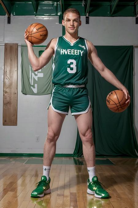 basketball gym, high ceiling, hardwood floor, basketball court, BrandonBangs, basketballplayer, basketball uniform, (green jersey:1.4) with gold trim, (green shorts:1.4) with gold trim, dynamic movement, ball, white socks, sneakers, smiling, masterpiece, (((full body portrait))), full body shot, wide angle  <lora:Clothing - Sexy Basketball Player:0.5>   <lora:BrandonBangs:0.8>