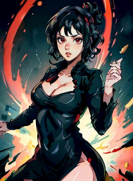 best quality, (masterpiece),(ultra-detailed), (high quality), (high resolution), <lora:Tatsumakic-10:0.7> tatsumaki cosplay, dress, black dress, cosplay, <lora:demi-10:0.7> demi, black hair, red eyes,cleavage,