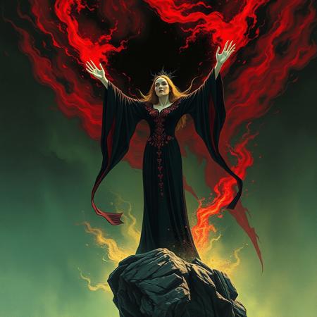 The queen of the abyss is a tall woman with pale skin wearing a long sleeved long black dress with red sequins. The red sequins shimmer in an unseen light. Her arms are held high and open, and she is surrounded by a large wave of red, black, and green evil magic. She is standing on the edge of a high precipice and rock in front of her is being annihilated by the magic wave.