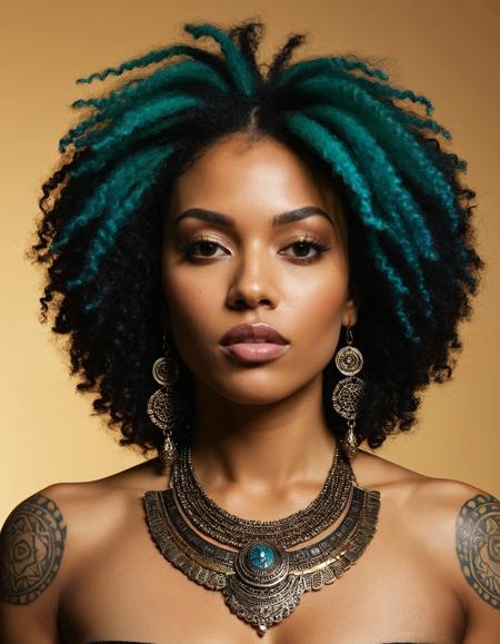 A photo-realistic shoot from a portrait camera angle about a woman with intricate tribal tattoos and an afro hairstyle, wearing hoop earrings. the image also shows a dark-skinned female with a fair skin tone, who appears to be in her mid-twenties, looking directly at the camera with her brown eyes. she is positioned in the middle of the image, with her upper body facing the viewer and her head turned slightly to the side. her hair is styled in a short afro, and her body is covered in intricate, tribal-themed tattoos in shades of yellow, blue, and green. the tattoos are symmetrical, with geometric patterns covering her chest and shoulders, and she has medium-sized breasts with visible nipples. the background is a gradient of teal and beige, creating a warm and inviting atmosphere. the lighting is soft and natural, highlighting her dark skin and the intricate designs on her body.