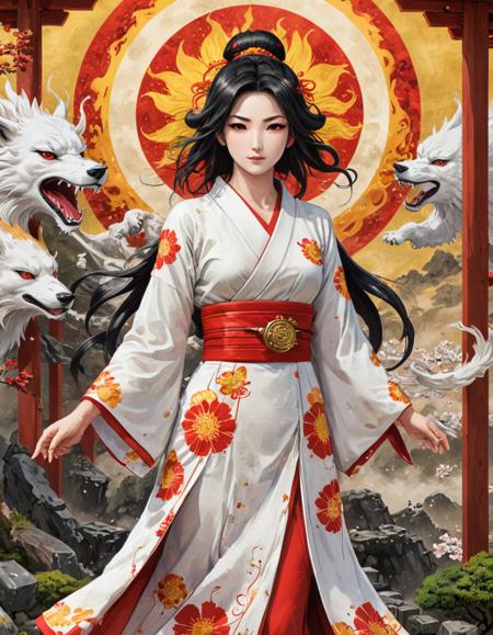 (manga style :1.5) ,master piece, best quality  ,full body ,amaterasu japenese goddness of sun , japanese temple background , white and red japanese dress ,  <lora:xl_more_art-full_v1:1>