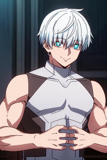 ragna, 1boy, solo, blue eyes, white hair, short hair, smile, blue eyes, bangs, eyes visible through hair, sleeveless, muscular, black top
high quality, best quality, ultra detailed, masterpiece, big breast, detailed hands, <lora:EMS-52523-EMS:0.700000>