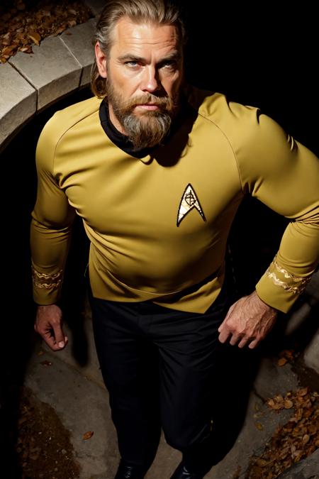 Ultra-realistic 8k CG, masterpiece, best quality, (photorealistic:1.4), absurdres, extremely detailed, real hair, life-like,
(full body),((horror setting)), ((dark,sewers)), ((detailed face, beard)), ((detailed eyes)),
handsome old man with longer blond hair and beard wearing a  ( yellow startrektos uniform:1.3) in the sewers, danger,<lora:TOSV3:0.8>