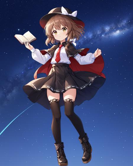 usami renko,1girl, solo, red_necktie, boots, looking_at_viewer, cape, white_shirt, hat_bow, capelet, star_\(sky\), long_sleeves, black_thighhighs, full_body, black_headwear, black_footwear, white_bow, dress, closed_mouth, holding_book, black_skirt, starry_sky, cross-laced_footwear
<lora:usami_renko_image1360_2023-12-20-000010:1>,star-shaped_pupils,symbol-shaped_pupils,. gorgeous,key visual, vibrant, studio anime,award-winning, professional, highly detailed,high budget, cinemascope