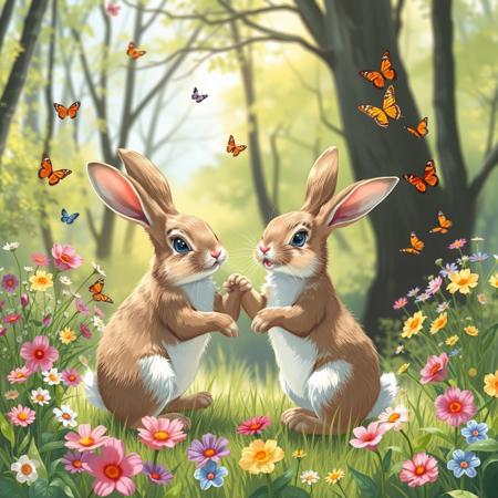 Two bunnies playing with each other in a bright forest clearing. There are many flowers and butterflies. It is a sunny spring day.