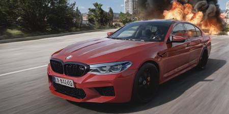 a red bmw m5 flying out from an explosion with flames and an urban background, asphalt street, action stunt, movie, 8k uhd, hdr, high quality, cinematic lighting, 4k, 8k, (ultra-realistic:1.1), high-resolution, shot on Canon 5D, DSLR, 30mm <lora:bmw_m5:1>