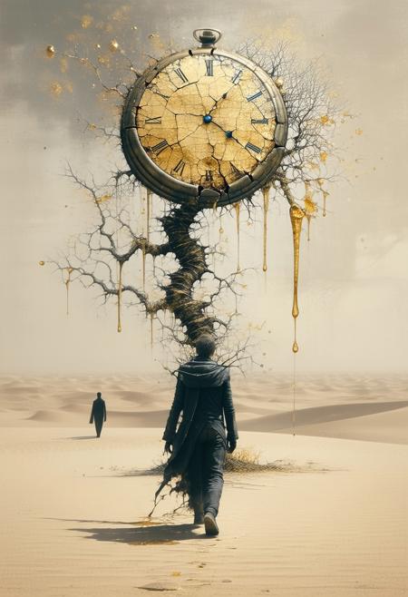 a lone traveler with a cracked spinal core walks a desert made of broken timepieces. a tree grows from their chest—its branches made of neurons, dripping gold sap. behind them, their own shadow watches and weeps.
<lora:FLUX-daubrez-DB4RZ-v2:0.55> <lora:Sinfully_Stylish_.02_for_FLUX:0.35> <lora:dystopia:0.6>
