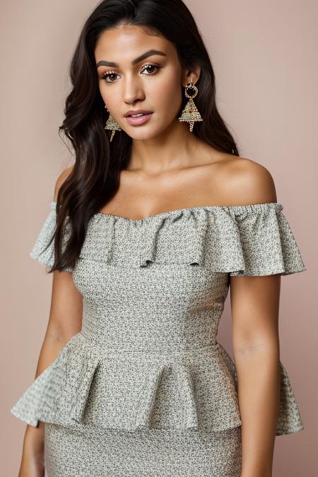 Realistic photo of a beautiful m1ch3ll3k woman, 1girl, solo, long hair, breasts, looking at viewer, brown hair, black hair, white background, dress, cleavage, bare shoulders, brown eyes, jewelry, medium breasts, collarbone, earrings, parted lips, off shoulder, lips, floral print, realistic, off-shoulder dress, print dress, soft lighting, professional Photography, Photorealistic, detailed, RAW, analog, sharp focus, 8k, HD, DSLR, high quality, Fujifilm XT3, film grain, award winning, masterpiece<lora:m1ch3ll3k:1.0>
