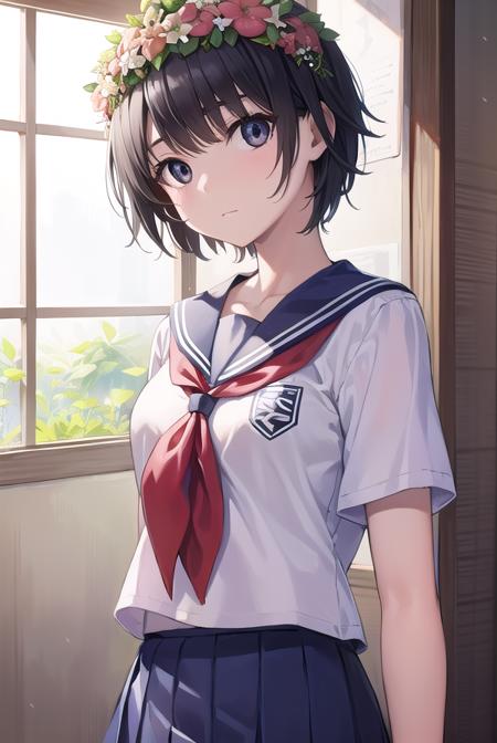 uiharukazari, <lora:uiharukazari-lora-nochekaiser:1>,
uiharu kazari, (black eyes:1.5), black hair, flower, hair flower, hair ornament, head wreath, short hair,
BREAK armband, sakugawa school uniform, school uniform, serafuku, skirt, summer uniform, neckerchief, red neckerchief, blue sailor collar, blue skort, short sleeves,
BREAK looking at viewer, upper body, fully body,
BREAK indoors, classroom,
BREAK <lyco:GoodHands-beta2:1>, (masterpiece:1.2), best quality, high resolution, unity 8k wallpaper, (illustration:0.8), (beautiful detailed eyes:1.6), extremely detailed face, perfect lighting, extremely detailed CG, (perfect hands, perfect anatomy),