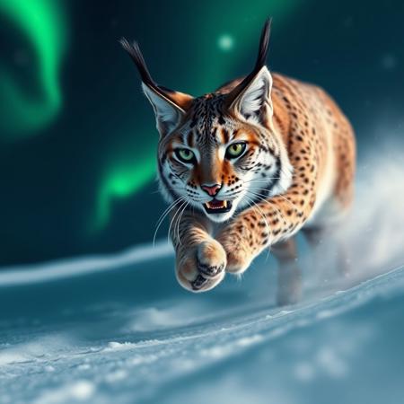 very realistic photograph close-up of a head lynx running in the snow,chasing a green alien ,northern lights on the night sky