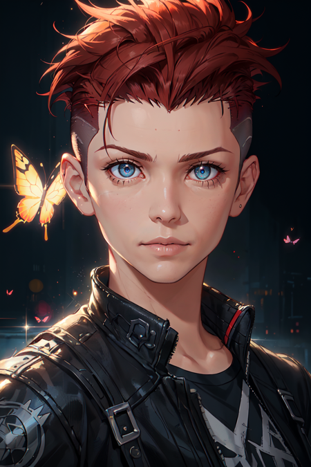 ((SuperShortHair:1.5)), EpicMIx-EmopUNk FemShortHair, 8k portrait of beautiful cyborg with brown hair, intricate, elegant, highly detailed, majestic, surreal painting gold butterfly filigree, broken glass, (masterpiece, sidelighting, finely detailed beautiful eyes: 1.2), LimitBreakStyler