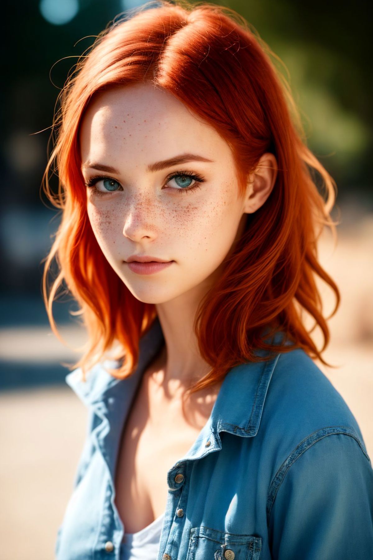 A young woman with red hair and freckles wearing a blue shirt.