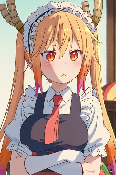 best quality, masterpiece, highres, solo, {tooru_kobayashisanchinomaidragon:1.15}, blonde_hair, horns, dragon_horns, long_hair, dragon_girl, maid_headdress, twintails, multicolored_hair, maid, blush, gradient_hair, necktie, red_eyes, closed_mouth, red_necktie, orange_eyes, hair_between_eyes, breasts, orange_hair, 1girl, flower, hair_ornament, japanese_clothes, kimono, looking_at_viewer, slit_pupils, :t, hair_flower, pout, obi, sash, bangs, holding, red_kimono, upper_body