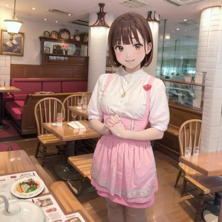 best quality, ultra-detailed, illustration,
AMSC, solo, waitress, 1girl, brown hair, restaurant, smile, table, indoors, own hands together, jewelry, pink skirt, pink apron, pantyhose, chair, 
 <lora:AMSC_AnnaMillers_uniform_SD15_V3:1>