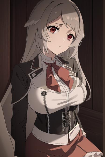 pursenaadoldia, <lora:pursenaadoldias2-lora-nochekaiser:1>,
pursena adoldia, long hair, (red eyes:1.5), animal ears, very long hair, grey hair,
BREAK cleavage, skirt, long sleeves, pantyhose, frills, shoes, red skirt,  loafers, white pantyhose, blazer, (white blazer:1.5), corset, (black corset:1.5),
BREAK indoors, classroom,
BREAK looking at viewer, (cowboy shot:1.5),
BREAK <lyco:GoodHands-beta2:1>, (masterpiece:1.2), best quality, high resolution, unity 8k wallpaper, (illustration:0.8), (beautiful detailed eyes:1.6), extremely detailed face, perfect lighting, extremely detailed CG, (perfect hands, perfect anatomy),