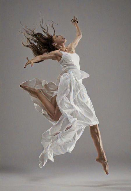 A photo of a dancer in mid-air during a powerful performance, capturing the intensity of their expression and the fluidity of movement, with every muscle tensed and defined under dramatic stage lighting.