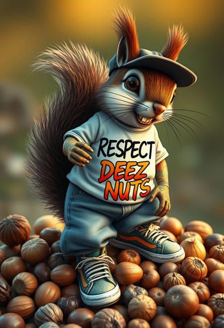 Create a hyper-realistic, hyper-detailed depiction of a cute squirrel dressed in baggy jeans, a long t-shirt with the phrase "RESPECT DEEZ NUTS" displayed on the front in a graffiti cursive font. The squirrel wears a pair of sneakers with an autumn theme decorated on all sides, and a sideways flat brimmed cap. Its teeth are shiny gold, adding to its swag. The squirrel stands atop a pile of various kinds of nuts, pointing down towards the pile with a confident gesture. Style: hyper-realistic, detailed, playful. Colors: brown, green, orange, yellow, gold. Highest-Quality, 4k, Masterpiece