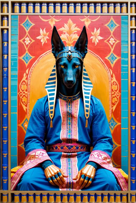 portrait,  Anubis,  Psychotic and Ethereal,  80mm,  creative pose,  vibrant colors,  Moroccan style background,  Hassan Hjjaj Style portrait,  <lora:Hassan_Hjjaj_Style:0.8>