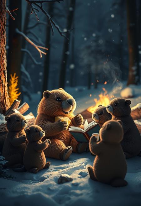 During a dark snowy night a  plushie capybara sits nearby fallen tree next to  a  big campfire and  eats a sandwich with cheese  and holds a cup of tea, sits among  a group of little plushie beavers. They read a fairy tales book with details, snow, snowy, winter forest, vivid colors, realistic details like seeing under an electron scanning microscope