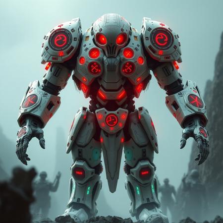 - +++C0d3Br34k.exe towers above others in pulsating bone-white armor inscribed with red error glyphs. Its body shifts between solid code plating and ghost-layer transparency. Four burning eyes observe threat vectors with surgical precision, and its armored arms quake with forbidden protocol strength.