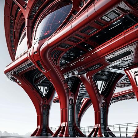hyper realistic photograph (complex architectural alien science fiction structure:1.4) , (glossy , dark red , masterful:1.4), medium full shot, hyper detailed, expressive,  award winning,  dark limited color palette, high contrast, depth of field, (intricate details, masterpiece, best quality:1.4)