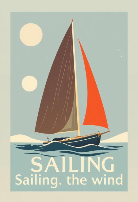 graphical art, sailboat, poster design, text "Sailing in the wind", vintage retro style, scandinavian, art deco travel poster,
