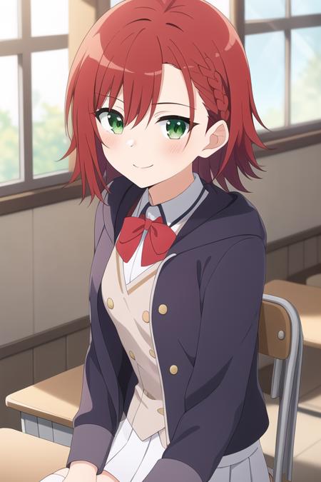 masterpiece, best quality,1girl,solo,amyu,red hair, medium hair,green eyes,side braid,hair between eyes,school uniform,blue open jacket,blue shawl,gery vest,long sleeves,red bowtie,miniskirt,white pleated skirt, garter straps,white thighhighs,<lora:amyu:0.6>,classroom, sitting,on chair,sunlight, lens flare, upper body, wind,smile