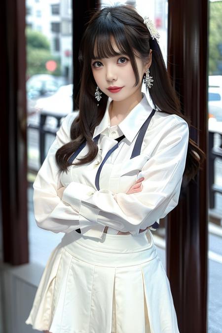 1girl, Chinese, asian, black hair, long hair, office lady, cityscape, tokyo, outdoors, black collared shirt, white skirt, earrings, looking at the viewer, crossed arms,