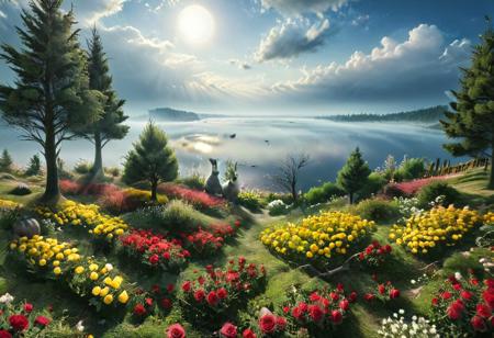 masterpiece, best quality, ultra-detailed, realistic, 8k, pine tree, flowers fields, many kinds of flowers, a couple of rabbits on very distant, lakes, meadows, grass, glitter on top, daytime, sunlight, cloudy, some birds fly in the sky over long distances, out-of-this-world scenery, lifelike, naturalism, greatest naturalism photo, immaculate detailed realism photography, rich colors, best colors perfect composition, perfect colors, colorful, clear photo, intrigue nature panorama, delicate nature photo, immaculate micro-details nature elements, (out-of-this-world scenery:1.23), beautiful landscape, beautiful flowers, crystal fantastic, breathtaking beautiful nature, unmatched beauty nature, more nature elements, rich nature elements, (emphasize a bunch of small red roses are scattered around:1.37), some yellow rose, some white rose, perfect dynamic angles for viewing the scenery, very aesthetic, artistic style, surreal, insanely lifelike, top best naturalism photography, greatest detailed, intricate nature details background, depth of field, (no human:1.37), detailerlora,