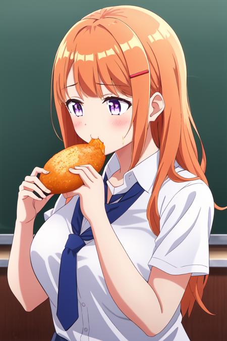 1girl, anime screencap, asymmetrical bangs, bangs, blue neckwear, breasts, eating, food, hair ornament, highres, holding, holding_food, large breasts, looking down, mieruko-chan, necktie, orange_hair, purple eyes, school uniform, screencap, shirt, stitched, white_shirt, yurikawa hana