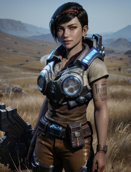 masterpiece, best quality, highres, aanobara, <lora:Kait Diaz:0.8>, short hair, gears of war light armor, dark pants, brown boots, looking at viewer, standing, cowboy shot, outdoors, smile, hand on hip, short hair, black hair, 2 red hair braids with silver jewelry tip, beautiful eyes, brown eyes, tan shirt, tucked shirt, up close, short sleeve