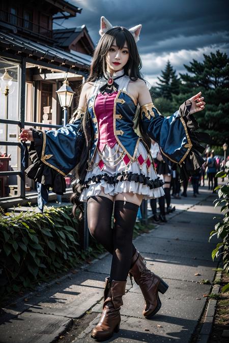 best quality, masterpiece, realistic, (photorealistic:1.4), 1girl, solo, full body, karyl costplay costume, cosplay, animal ears, detached sleeves, thighhighs, boots, dynamic pose, detailed background, in garden, night, <lora:karyl_cosplay_costume_v1:0.7>