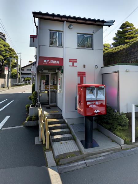 masterpiece, best quality, ultra-detailed, illustration,
JPO, scenery, outdoors, vending machine, sky, building, day, road, utility pole, power lines, tree, blue sky, street, shadow, sign, Post box
 <lora:JapanPOST:1>