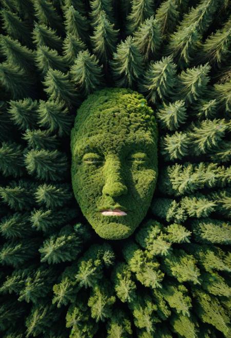 a forest in the form of a face, view from te air, 8k, hyper realism