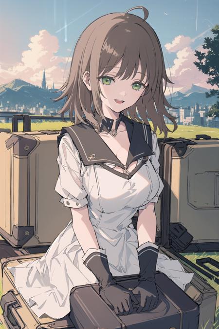 multiple girls, breasts, long hair, 6+girls, brown hair, blonde hair, ahoge, sleeping, cleavage, open mouth, gloves, closed eyes, cat, twintails, very long hair, smile, animal hands, sitting, green eyes, bangs, large breasts, >_<, maid ,scenery, solo, cloud, sky, outdoors, brown hair, day, suitcase, luggage, building, rolling suitcase, short hair, white dress, tree, pantyhose, dress, blue sky, sunlight, standing, architecture, grass, cloudy sky, mountain, light rays, black pantyhose, landscape, cityscape 
 <lora:hakuhiruoeoe-000056:1>